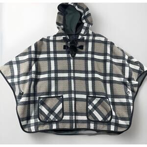 Rachel Rachel Roy Plaid Hooded Poncho Cape L/XL Black Tan Cozy Winter Wrap